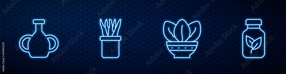 Set line Plant in pot, Vase, and Fertilizer bottle. Glowing neon icon on brick wall. Vector