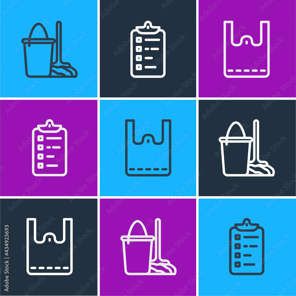 Set line Mop and bucket, Paper shopping bag and Shopping list icon. Vector