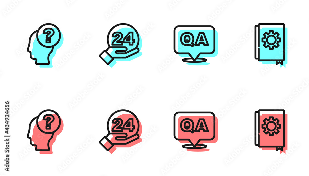 Set line Question and Answer, Head with question mark, Telephone 24 hours support and User manual ic