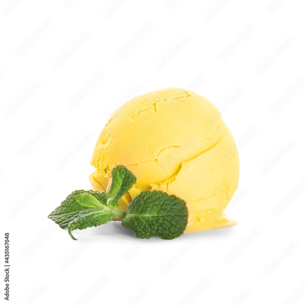 Tasty mango ice cream on white background