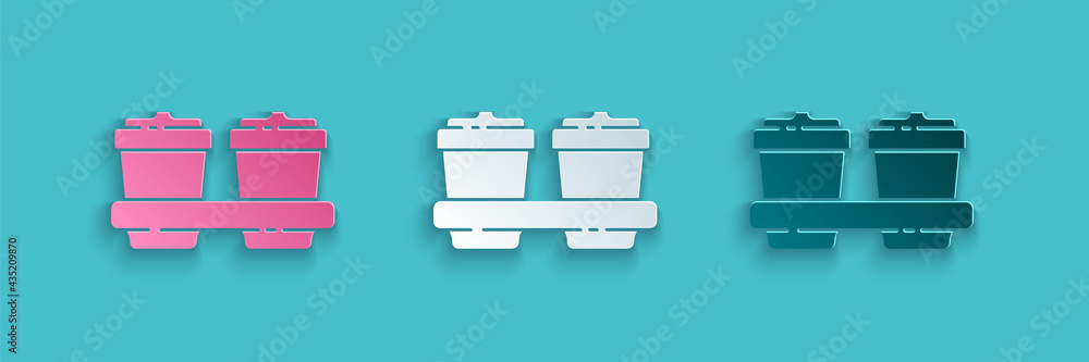 Paper cut Coffee cup to go icon isolated on blue background. Paper art style. Vector Illustration