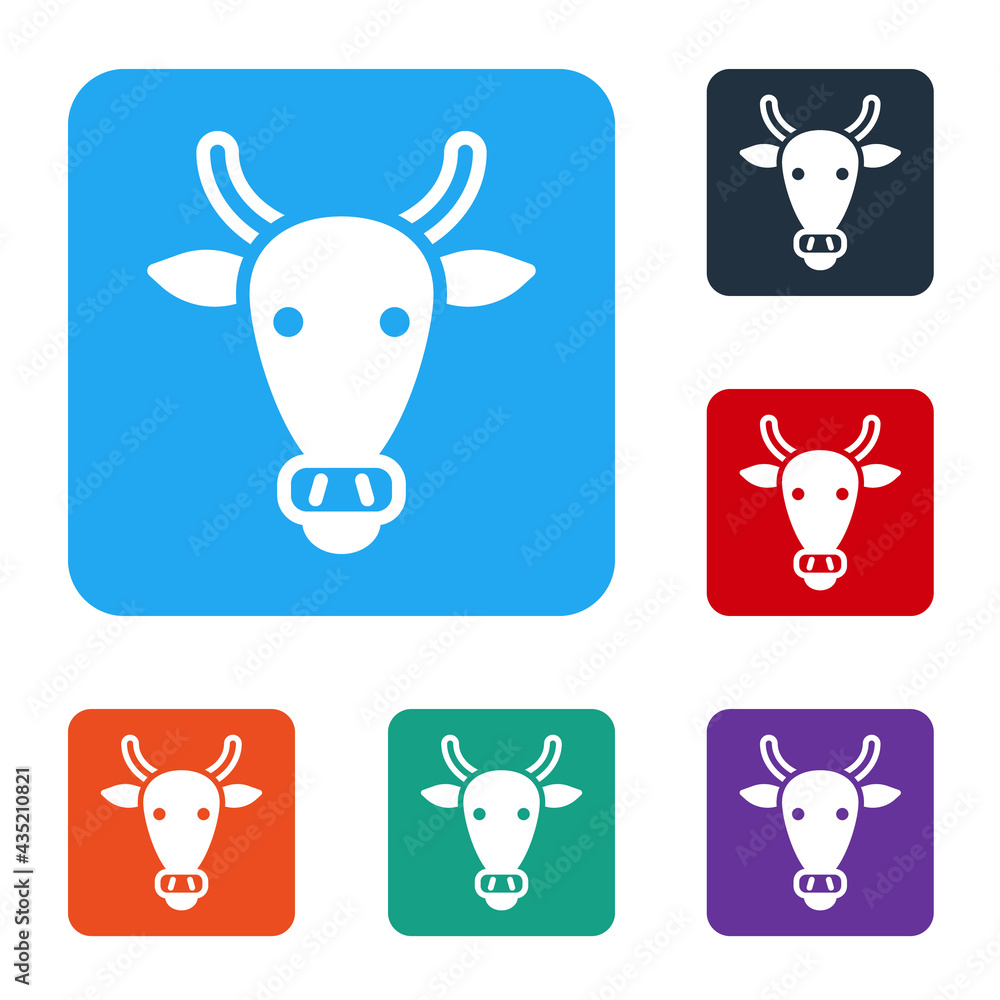 White Cow head icon isolated on white background. Set icons in color square buttons. Vector