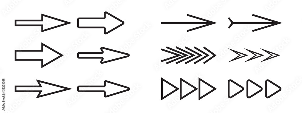 不同形状和长度的黑白箭头。矢量插图。EPS10