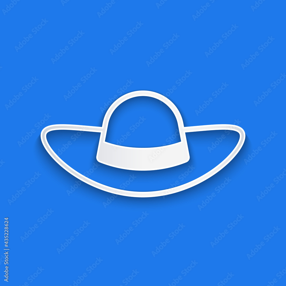 Paper cut Elegant women hat icon isolated on blue background. Paper art style. Vector