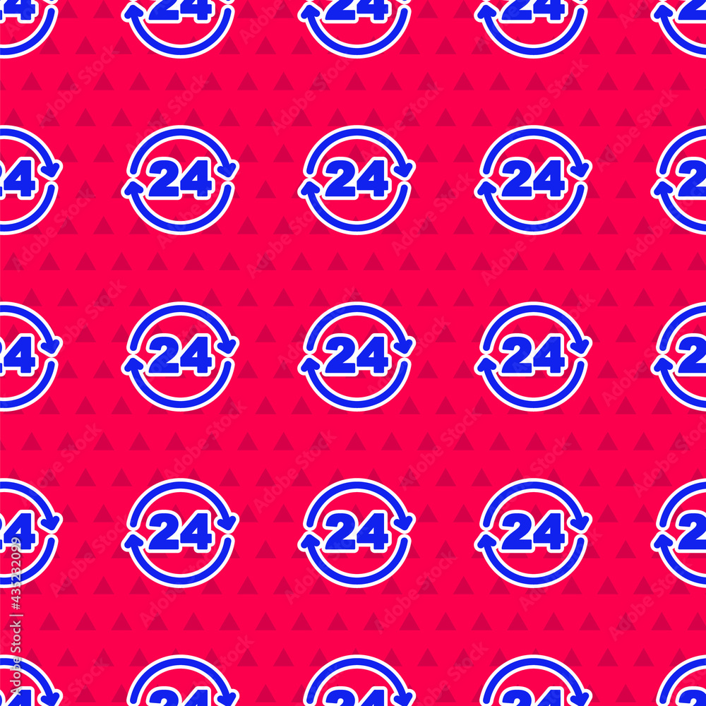 Blue Telephone 24 hours support icon isolated seamless pattern on red background. All-day customer s