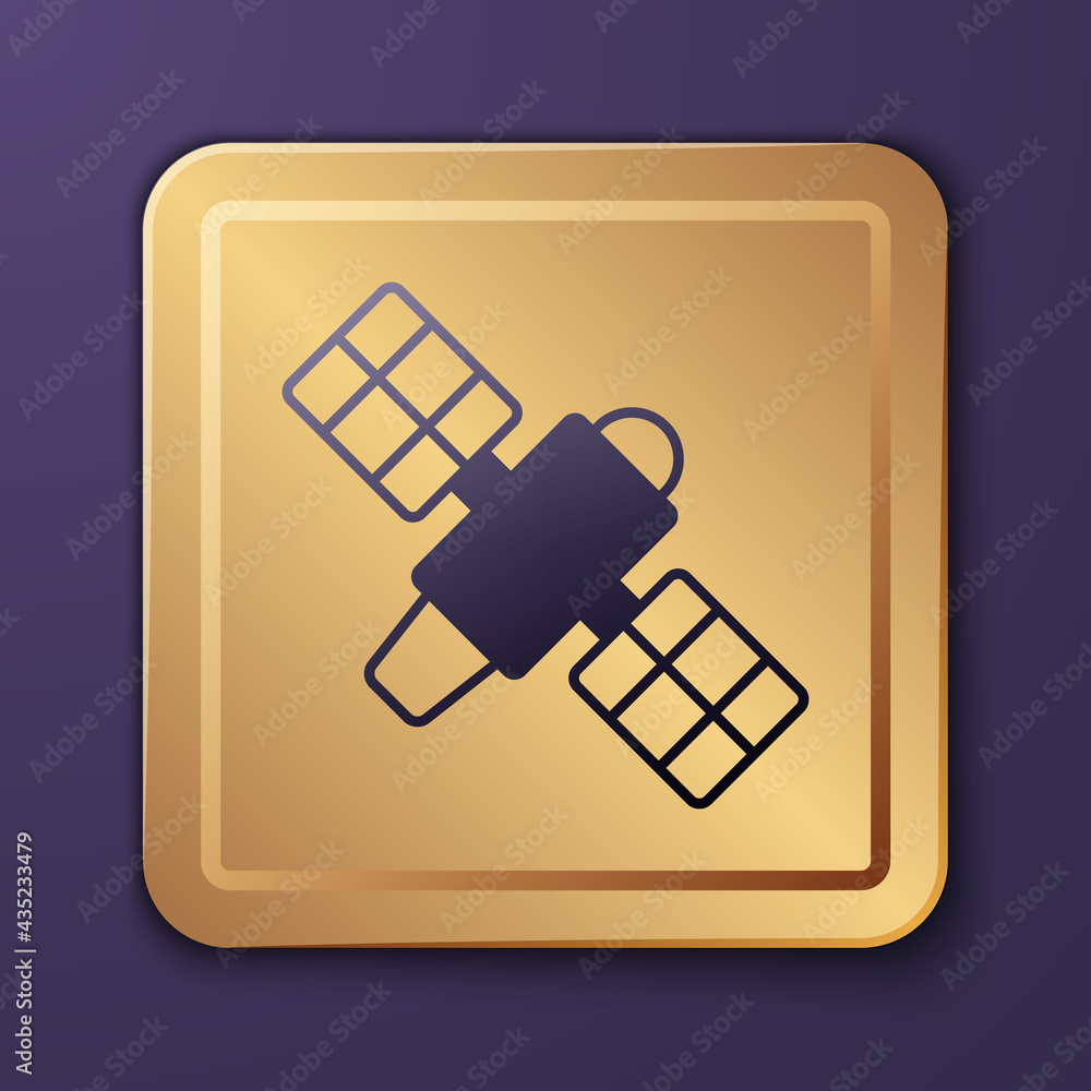 Purple Satellite icon isolated on purple background. Gold square button. Vector