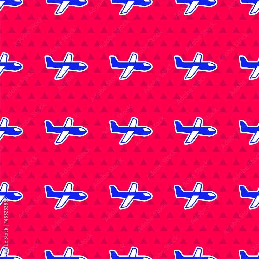 Blue Plane icon isolated seamless pattern on red background. Flying airplane icon. Airliner sign. Ve