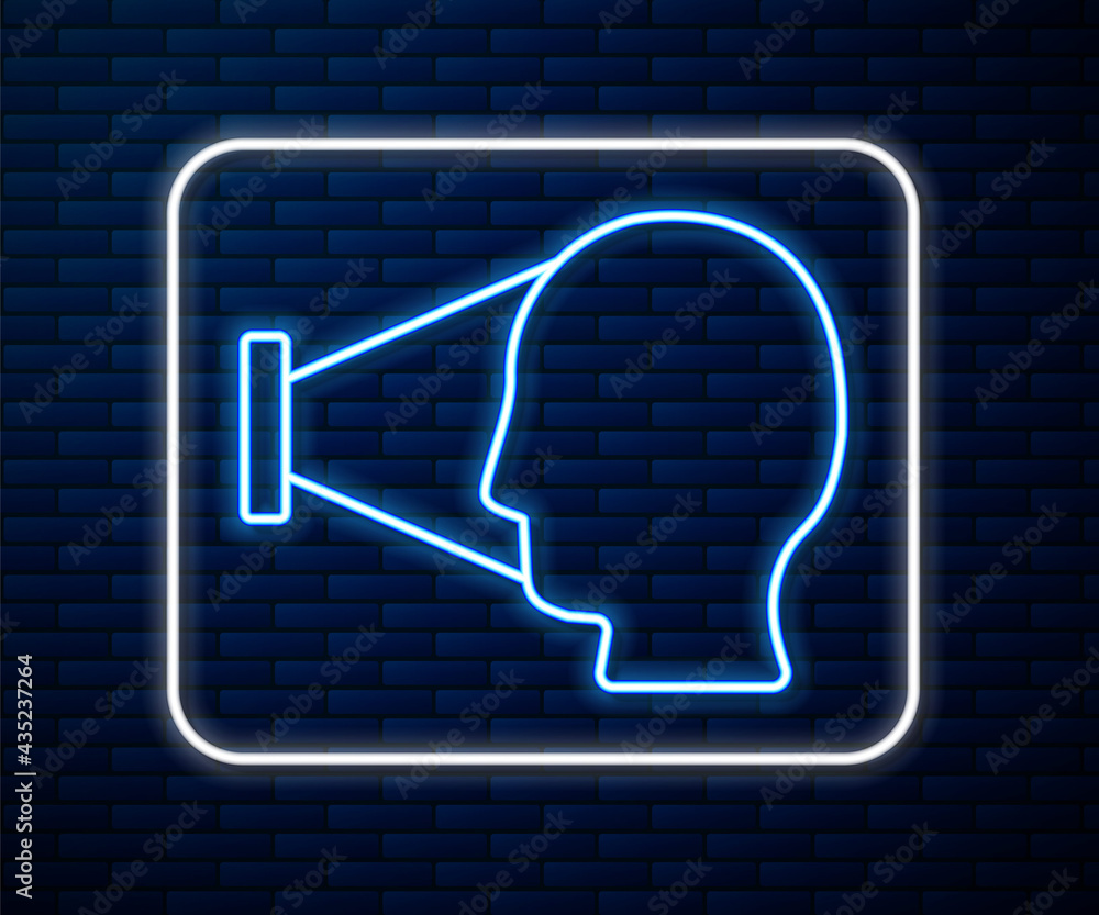 Glowing neon line Face recognition icon isolated on brick wall background. Face identification scann