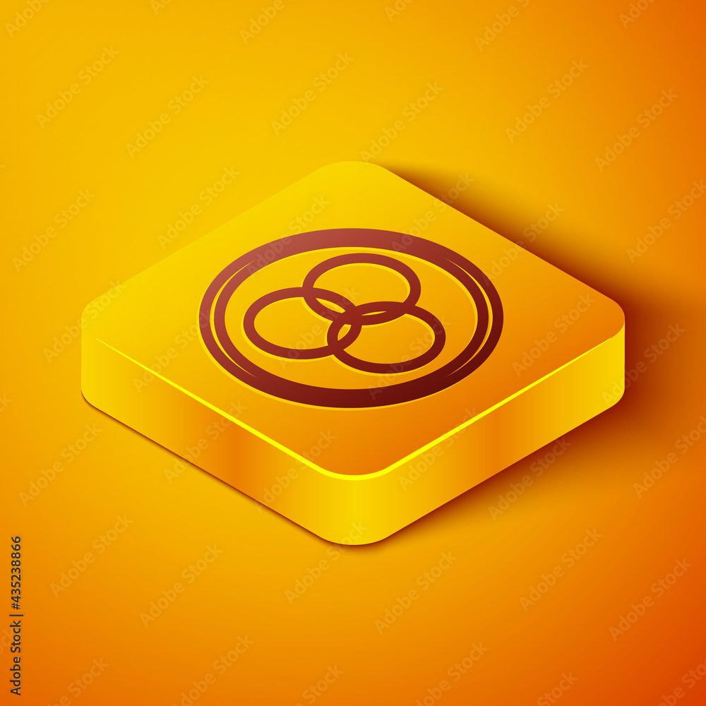 Isometric line RGB and CMYK color mixing icon isolated on orange background. Yellow square button. V