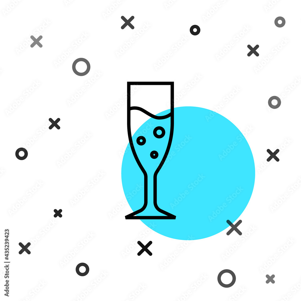 Black line Glass of champagne icon isolated on white background. Random dynamic shapes. Vector