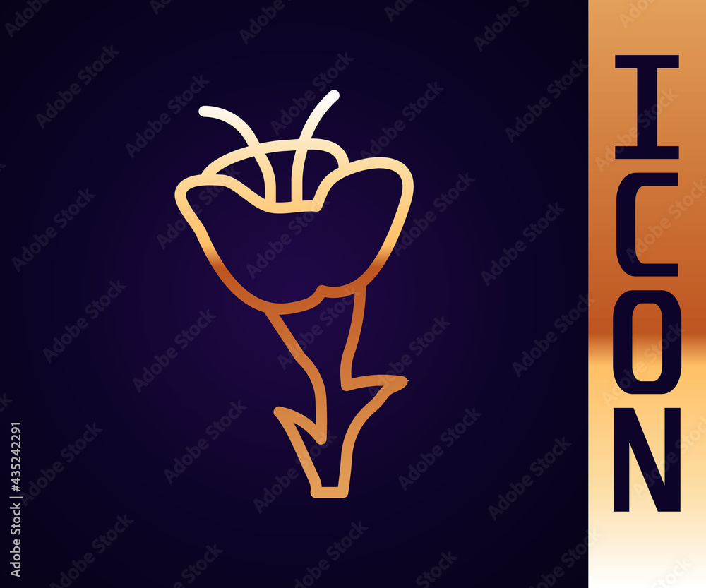 Gold line Flower icon isolated on black background. Vector