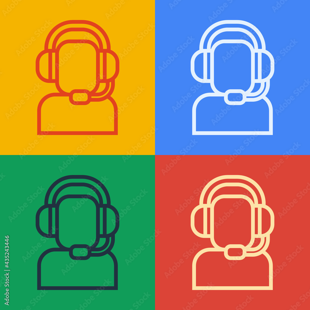 Pop art line Man with a headset icon isolated on color background.Support operator in touch.Concep（流