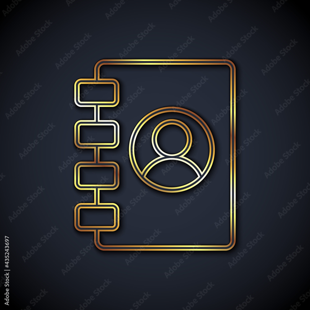 Gold line Address book icon isolated on black background. Notebook, address, contact, directory, pho