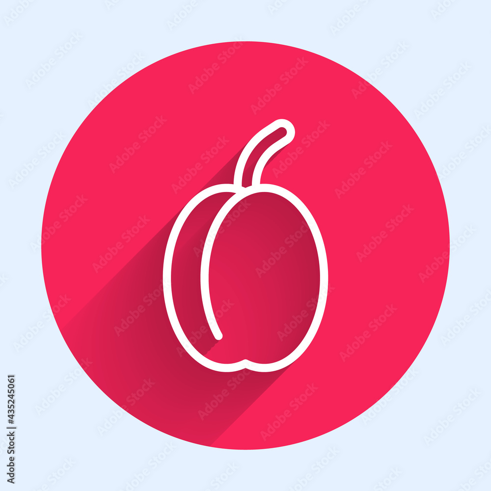 White line Plum fruit icon isolated White line background. Red circle button. Vector