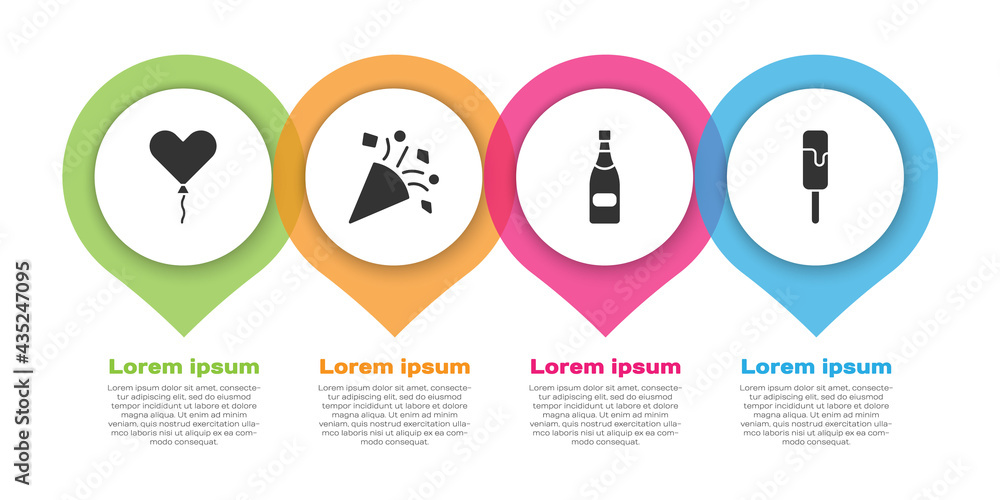 Set Balloon in form of heart, Festive confetti, Champagne bottle and Ice cream. Business infographic