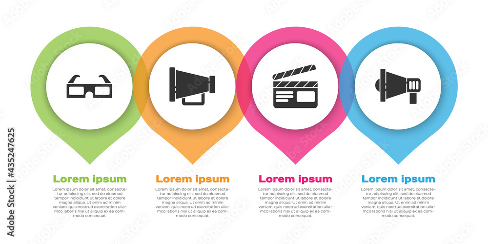 设置3D影院眼镜、扩音器、电影拍板和扩音器。商业信息图模板。矢量