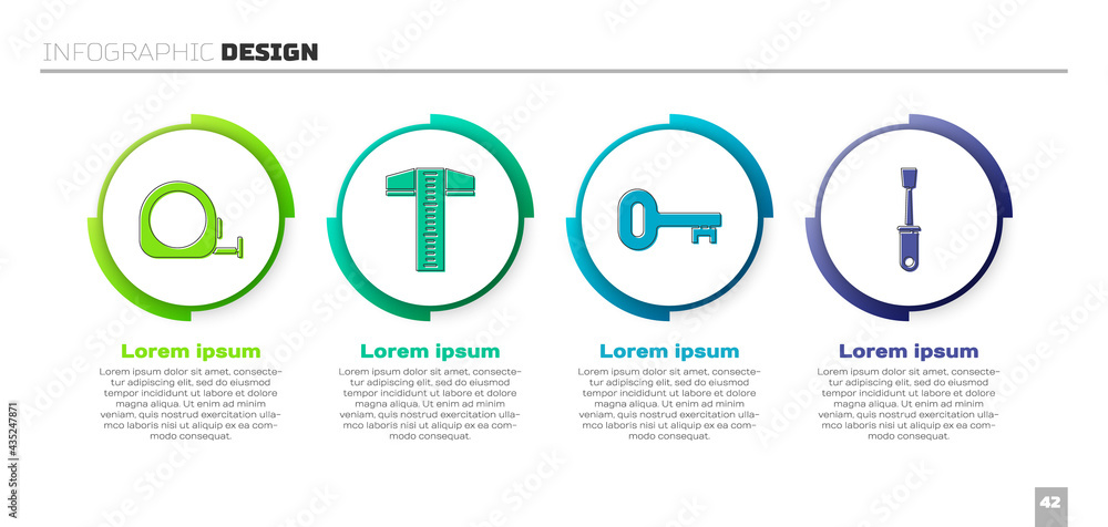 Set Roulette construction, T-square line, Old key and Screwdriver. Business infographic template. Ve