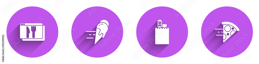 Set Online ordering and delivery, ice cream, and pizza icon with long shadow. Vector