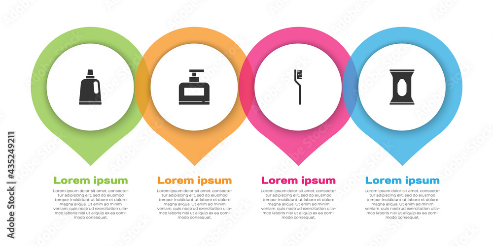 Set Bottle for cleaning agent, of shampoo, Toothbrush and Wet wipe pack. Business infographic templa