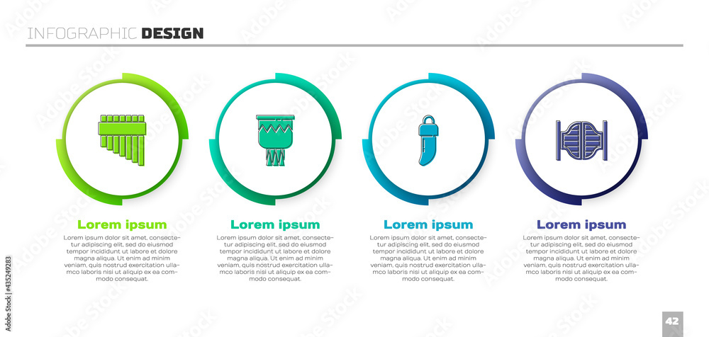 设置平底锅长笛、鼓、齿和沙龙门。商业信息图模板。矢量
