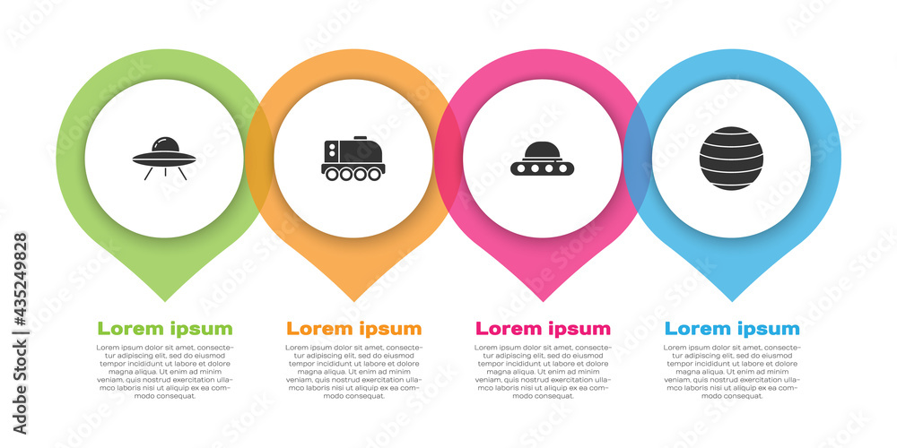 设置不明飞行物飞行飞船、火星车和金星。商业信息图模板。矢量