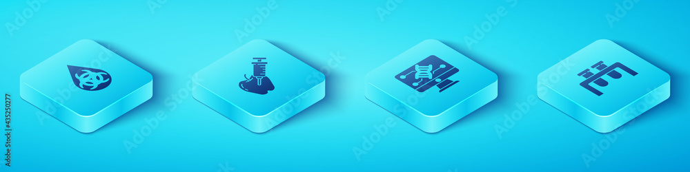 Set Isometric GMO, Genetically modified apple, Test tube and flask and engineering modification icon