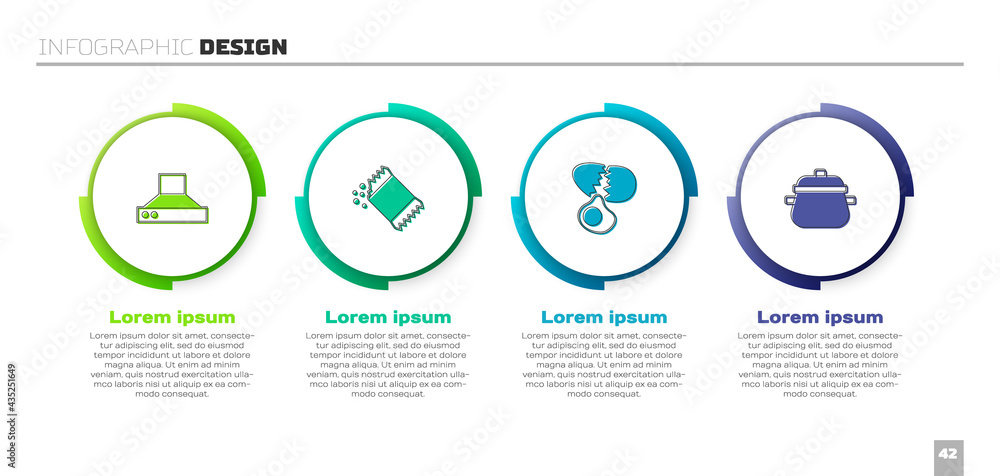 设置厨房抽风机、一包胡椒、鸡蛋和烹饪锅。商业信息图templa