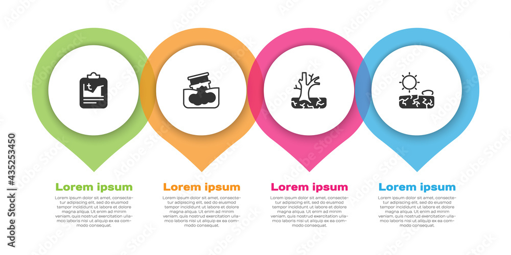 设定全球变暖、桶式漏油、枯树和干旱。商业信息图模板。Vecto