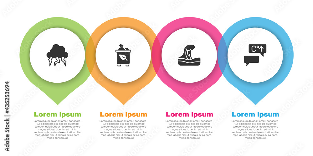 设置风暴、带回收的回收站、海啸和全球变暖。商业信息图模板。Vect