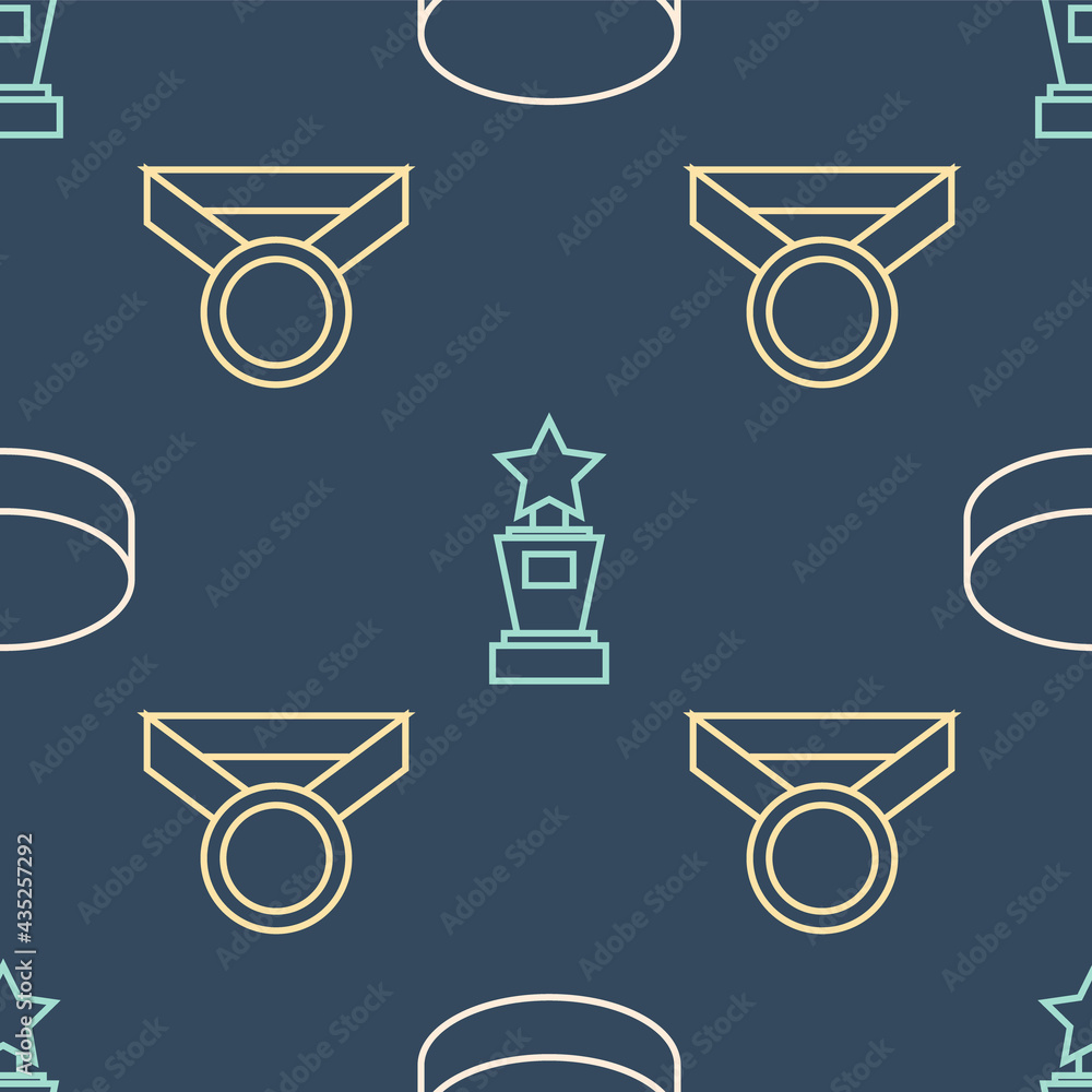 Set line Hockey puck, Medal and Award cup on seamless pattern. Vector