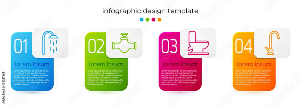 成套淋浴器、工业管道和阀门、抽水马桶和水龙头。商业信息图模板。