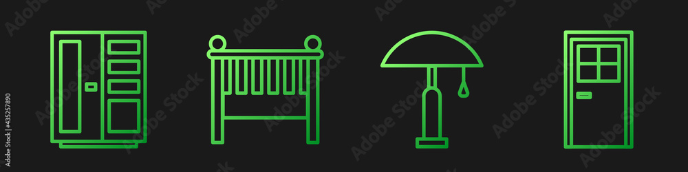 Set line Table lamp, Wardrobe, Baby crib cradle bed and Closed door. Gradient color icons. Vector