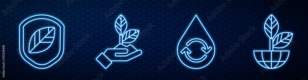 Set line Recycle clean aqua, Shield with leaf, Plant in hand and Earth globe and plant. Glowing neon