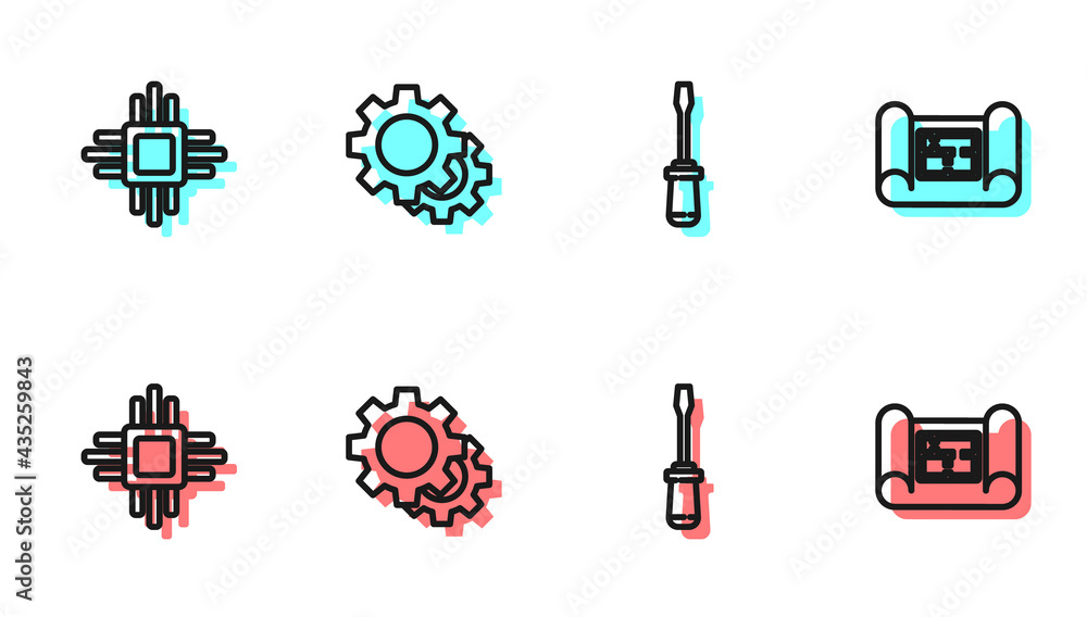 Set line Screwdriver, Processor with microcircuits CPU, Gear and House plan icon. Vector