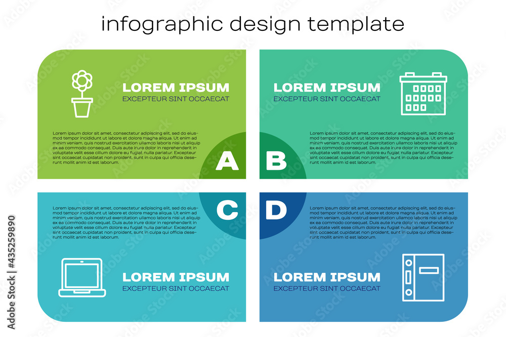 套装笔记本电脑，花盆里的花，办公文件夹和日历。商业信息图模板。矢量