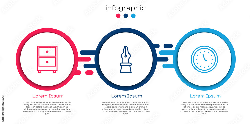 Set line Drawer with documents, Fountain pen nib and Clock. Business infographic template. Vector