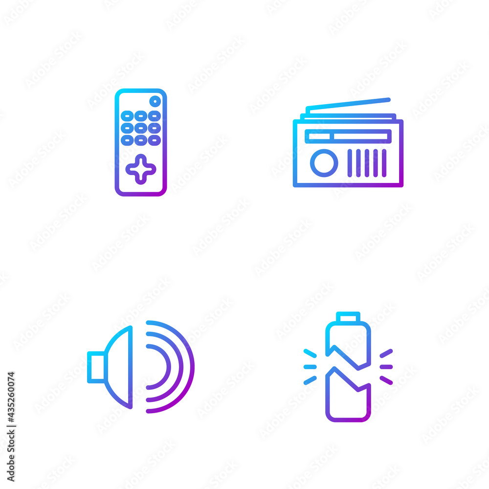 Set line Broken battery, Speaker volume, Remote control and Radio with antenna. Gradient color icons