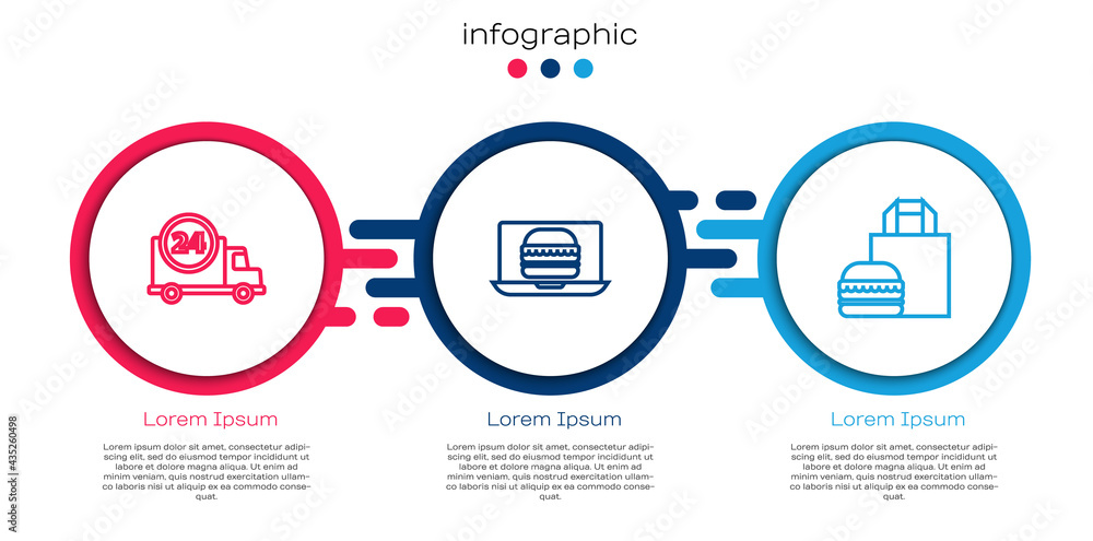 Set line Fast delivery by car, Online ordering burger and . Business infographic template. Vector