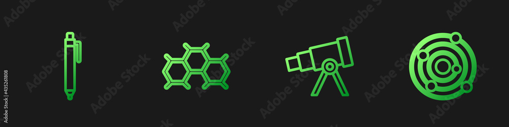 Set line Telescope, Pen, Chemical formula and Solar system. Gradient color icons. Vector