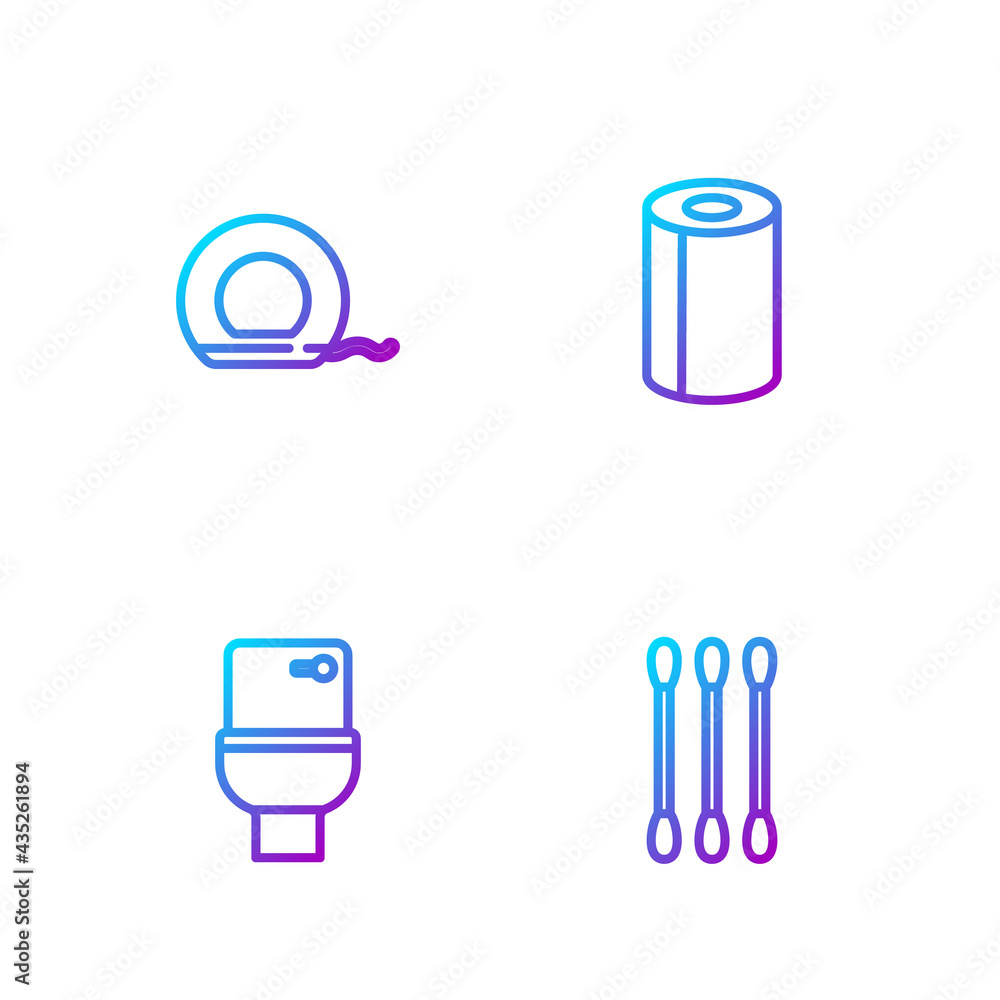 Set line Cotton swab for ears, Toilet bowl, Dental floss and Paper towel roll. Gradient color icons.