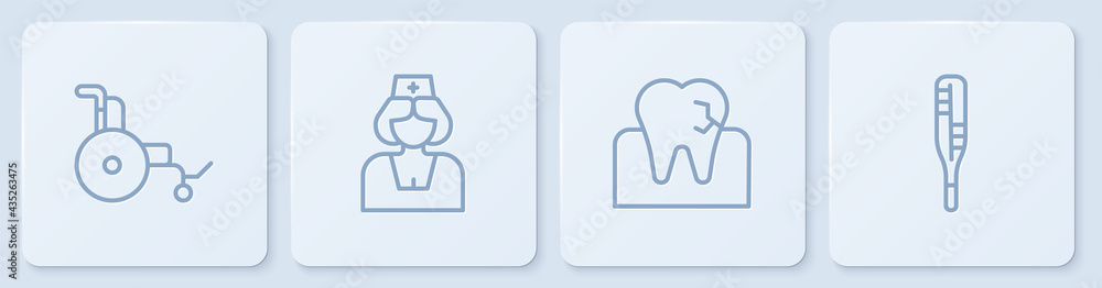 Set line Wheelchair, Tooth with caries, Nurse and Medical thermometer. White square button. Vector