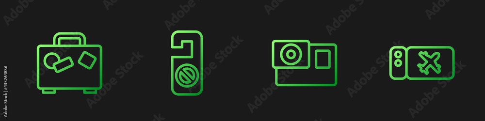 Set line Action camera, Suitcase, Please do not disturb and Airline ticket. Gradient color icons. Ve