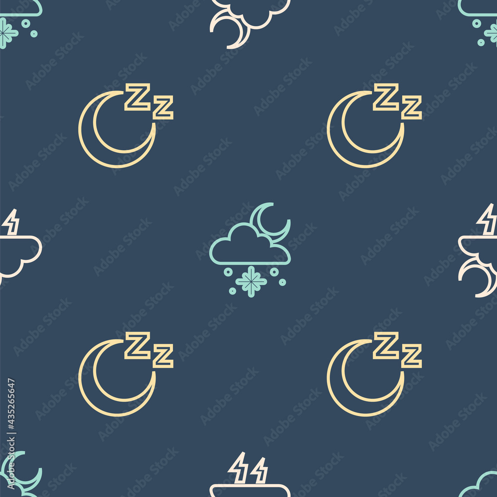 Set line Storm, Time sleep and Cloud with snow and sun on seamless pattern. Vector