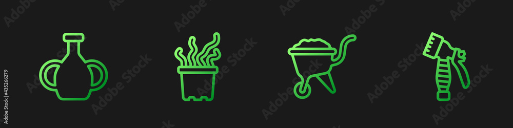 Set line Wheelbarrow with dirt, Vase, Exotic tropical plant in pot and Water spray bottle. Gradient 