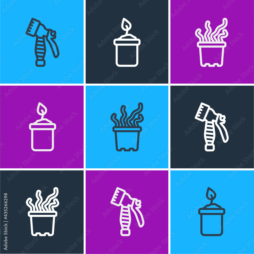 Set line Water spray bottle, Exotic tropical plant in pot and Sprout icon. Vector