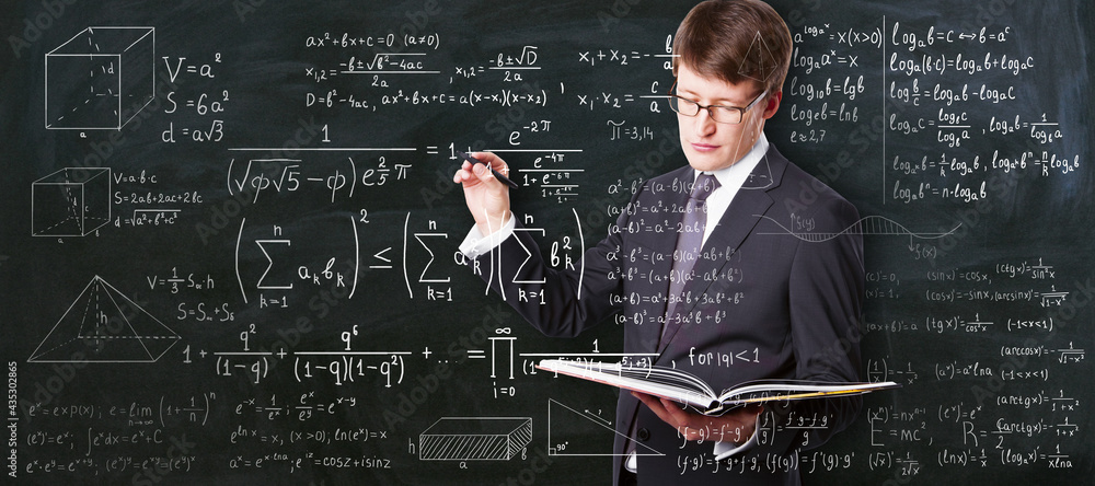 Higher education concept with student carrying textbook and writing on glass board math calculations