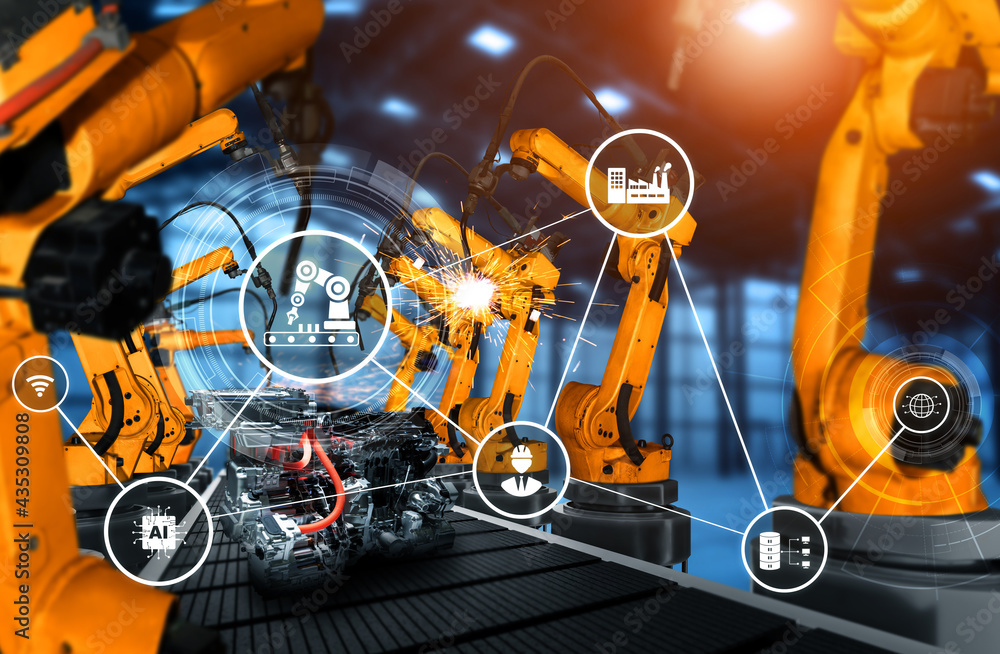 Mechanized industry robot arm for assembly in factory production line . Concept of artificial intell