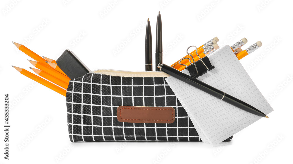 Pencil case with stationary on white background