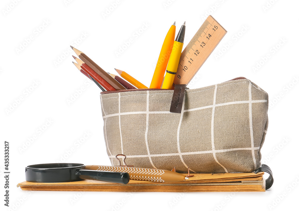 Pencil case with stationary on white background