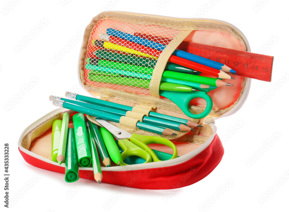 Pencil case with stationary on white background